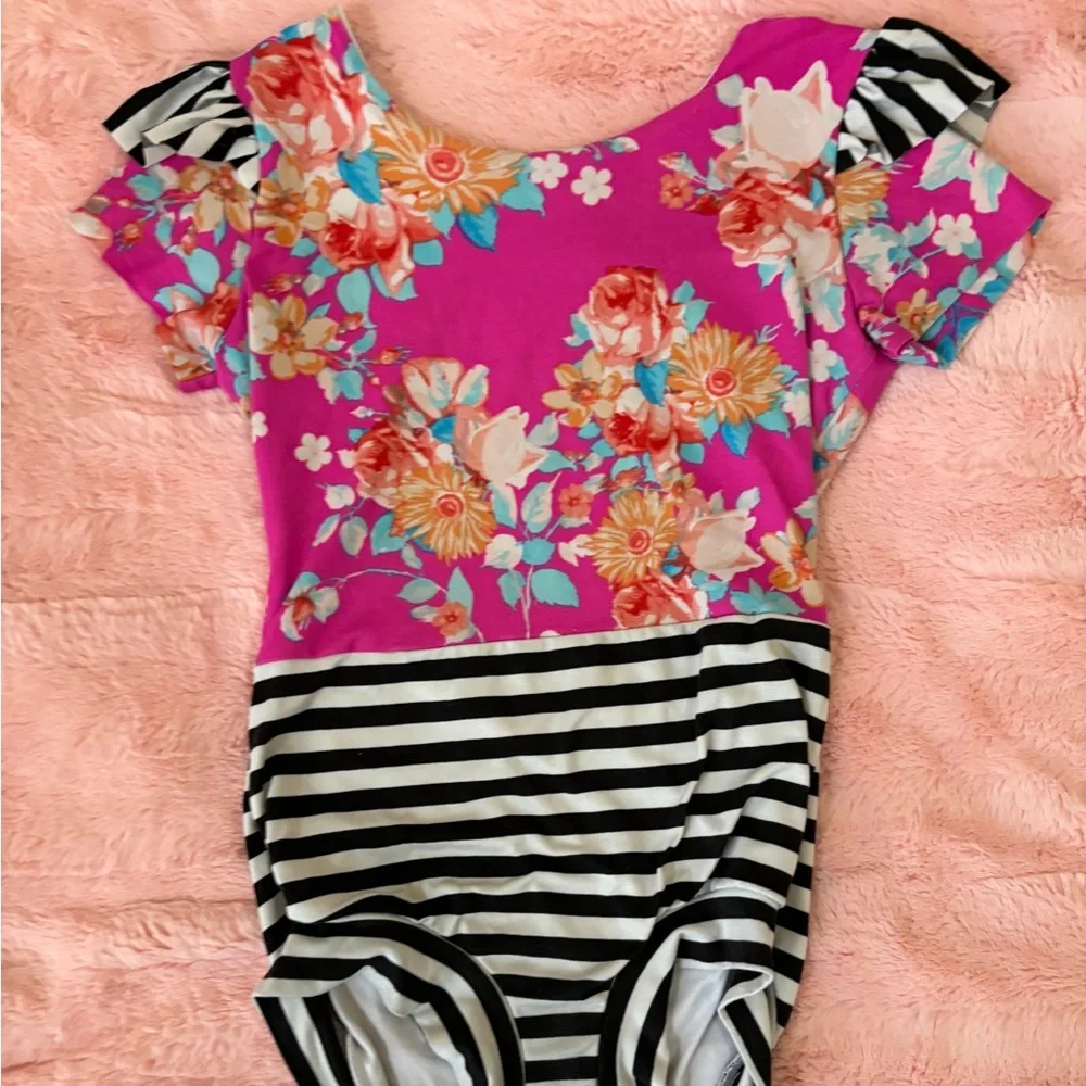 Girls Magenta Floral & Black Stripe Dance Leotard